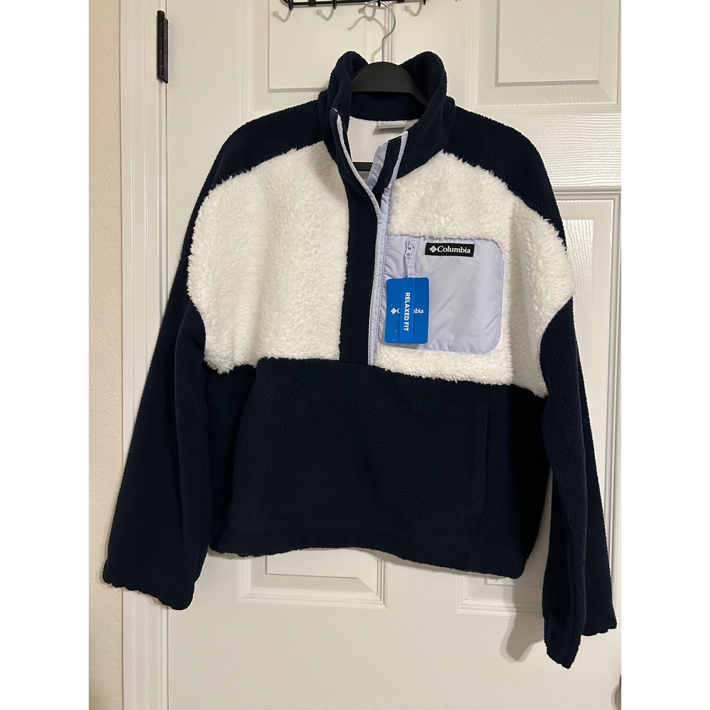 Columbia Women Relaxed Fit Sherpa Fleece Quarter Snap Pullover Navy White L